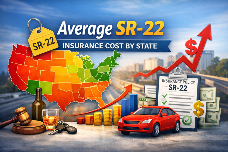 Average SR-22 insurance cost by state shown on a U.S. map with insurance and driving risk factors