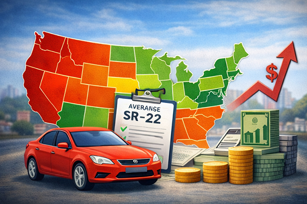 Average SR-22 insurance cost by state displayed through a color-coded U.S. map