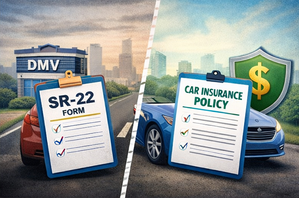 Difference between SR-22 insurance and car insurance shown through filing documents and insured cars