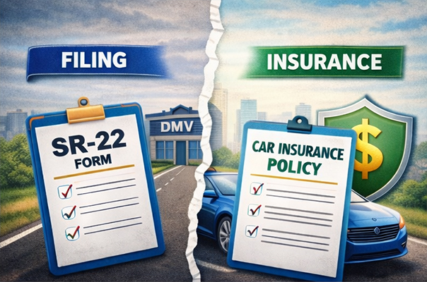Is SR-22 a type of car insurance or a filing illustrated with legal documents and insured vehicles