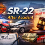 SR-22 after accident overview showing car crash, insurance documents, and license status