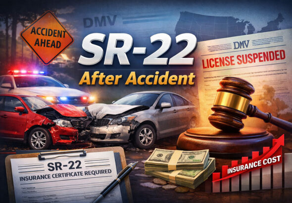 SR-22 after accident overview showing car crash, insurance documents, and license status