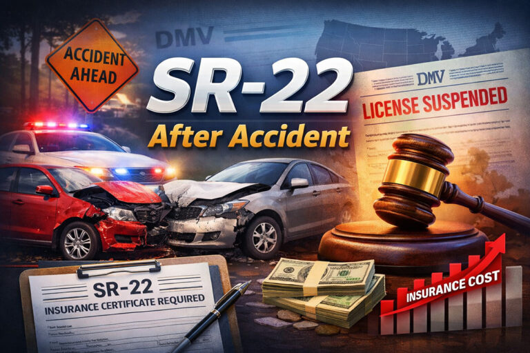 SR-22 after accident overview showing car crash, insurance documents, and license status