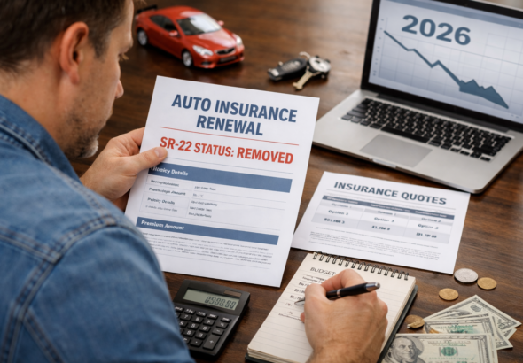 Driver reviewing car insurance renewal and planning how to reduce high-risk premiums after SR-22 removal