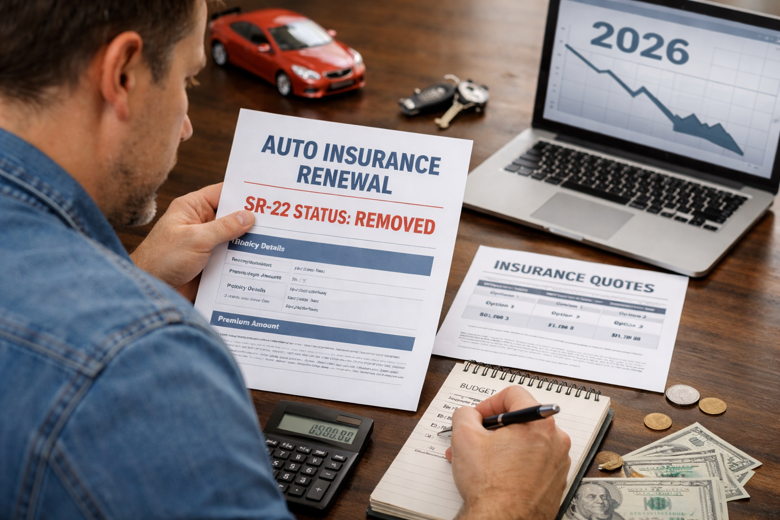 Driver reviewing car insurance renewal and planning how to reduce high-risk premiums after SR-22 removal
