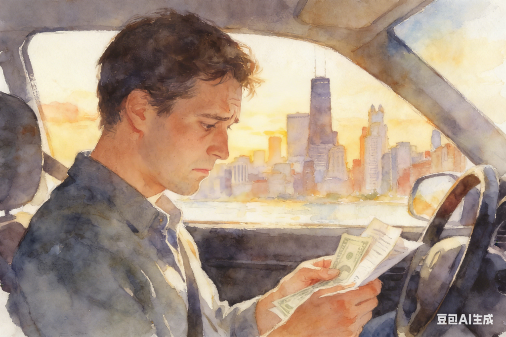 Hand-drawn illustration of Chicago driver dealing with high insurance costs