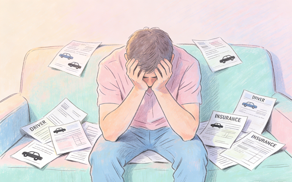 Hand-drawn style illustration of driver stressed about high insurance bills in Florida