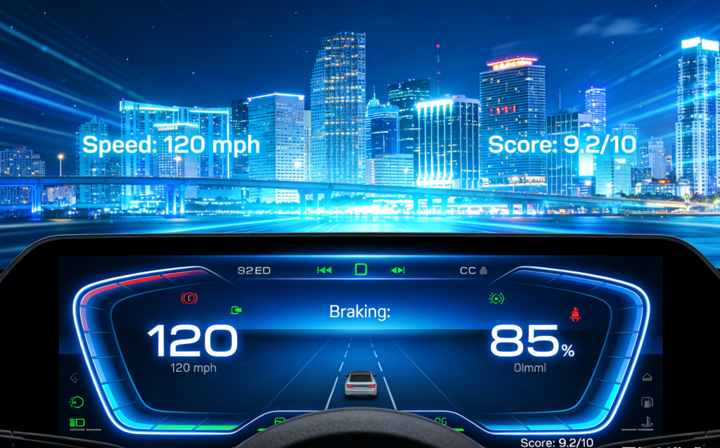Futuristic digital illustration of telematics device tracking safe driving in Florida