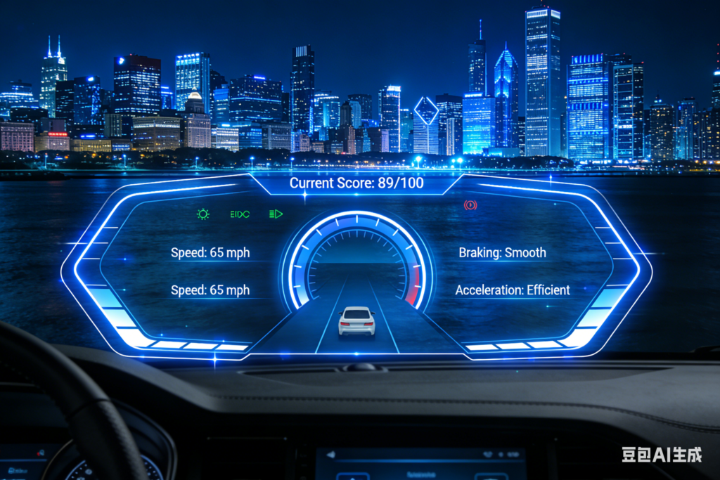 Futuristic digital dashboard showing telematics tracking safe driving in Illinois