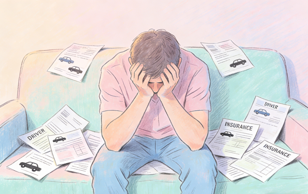 Hand-drawn style illustration of driver stressed about high insurance bills in Florida