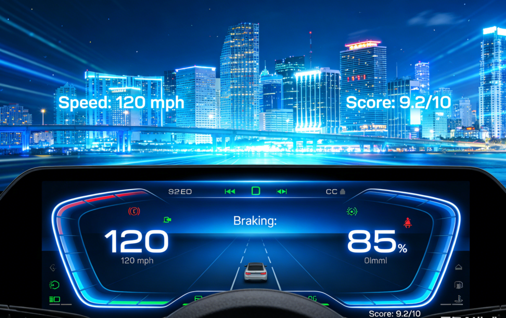 Futuristic digital illustration of telematics device tracking safe driving in Florida