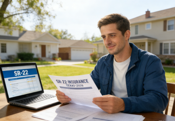 Illinois driver reviewing SR-22 insurance paperwork at home