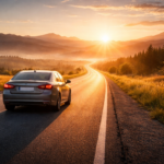 Car driving on an open road during sunrise with a wide scenic view and warm golden light.