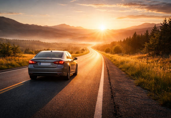 Car driving on an open road during sunrise with a wide scenic view and warm golden light.