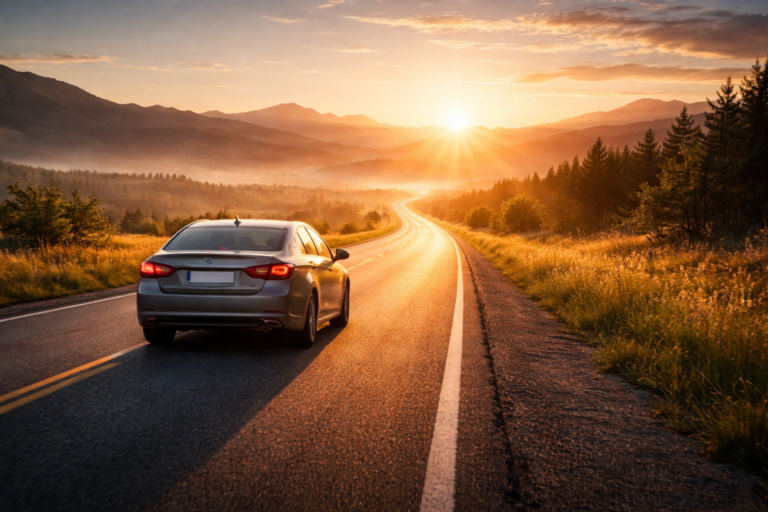 Car driving on an open road during sunrise with a wide scenic view and warm golden light.