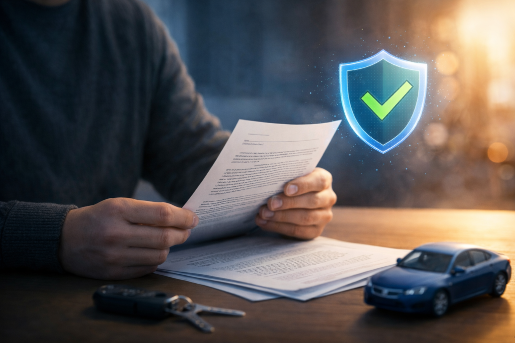 Driver reviewing insurance paperwork with a shield check icon symbolizing proof of financial responsibility.