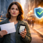 A concerned driver holding an official notice while standing on a city street, looking at a phone with a checklist, symbolizing the process of restoring driving privileges.