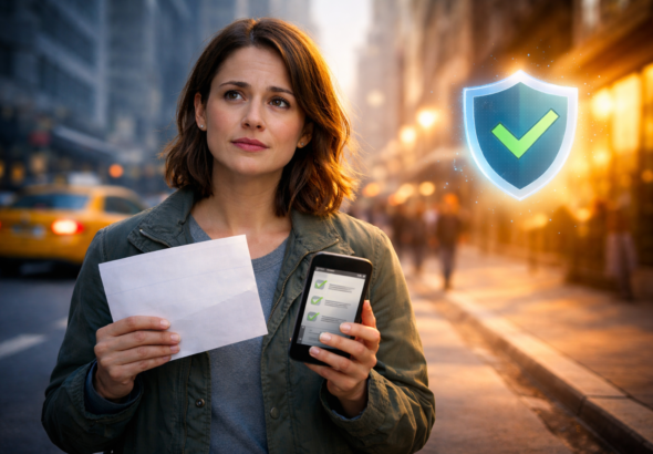 A concerned driver holding an official notice while standing on a city street, looking at a phone with a checklist, symbolizing the process of restoring driving privileges.