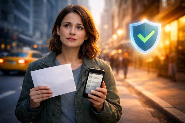 A concerned driver holding an official notice while standing on a city street, looking at a phone with a checklist, symbolizing the process of restoring driving privileges.