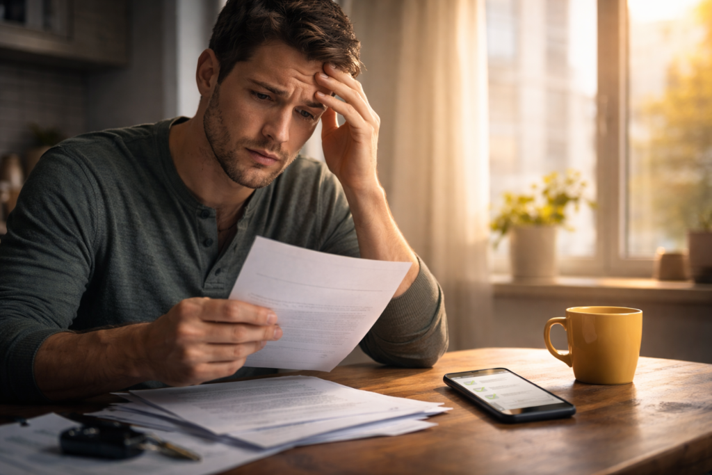 Person opening an official letter at home with a worried expression, sitting at a table in a dimly lit room.
